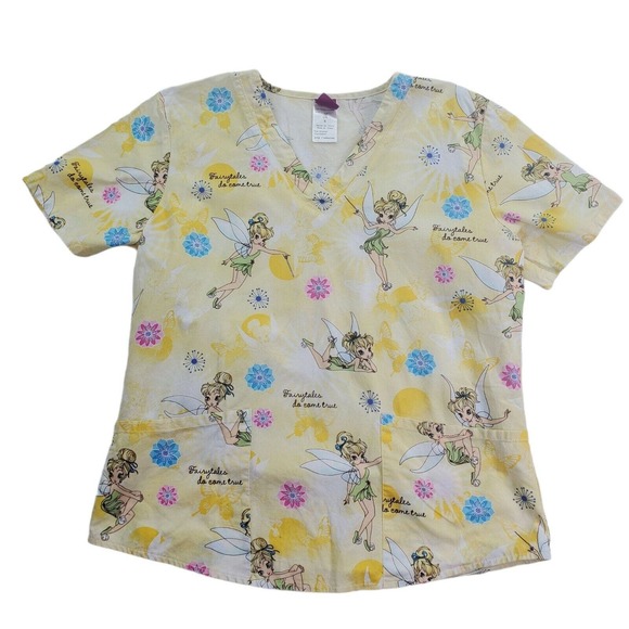 CC - Disney Scrub Top Women Small Yellow Tinkerbell Fairytales Do Come True - Picture 1 of 5